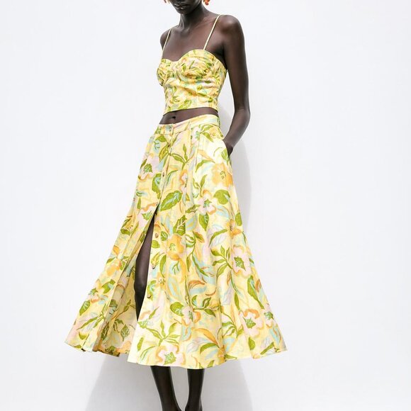 ZARA Button Front Long Linen Floral Skirt - Picture 2 of 7